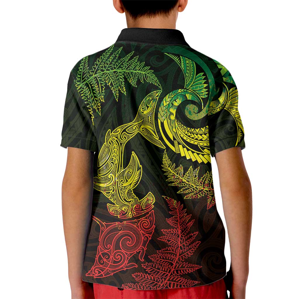 New Zealand Sea Animals with Maori Tribal Tattoo Kid Polo Shirt Shark Manta Ray with Silver Fern Reggae LT03 - Polynesian Pride