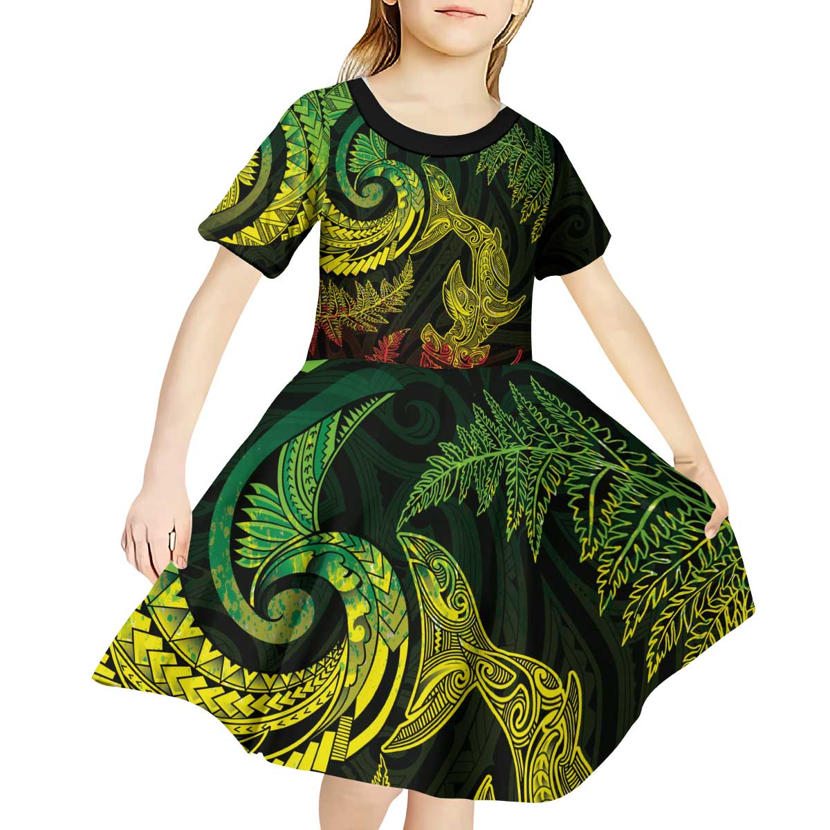 New Zealand Sea Animals with Maori Tribal Tattoo Kid Short Sleeve Dress Shark Manta Ray with Silver Fern Reggae LT03 - Polynesian Pride