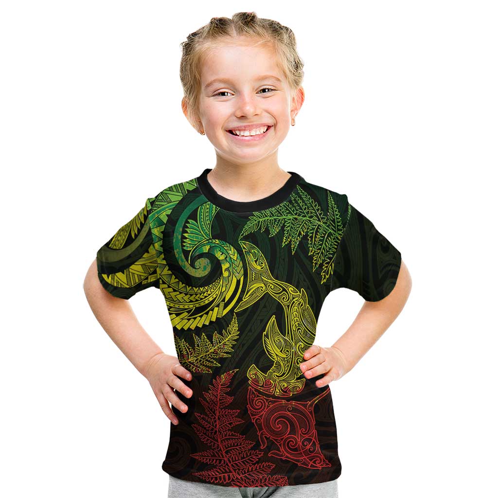 New Zealand Sea Animals with Maori Tribal Tattoo Kid T Shirt Shark Manta Ray with Silver Fern Reggae LT03 Reggae - Polynesian Pride