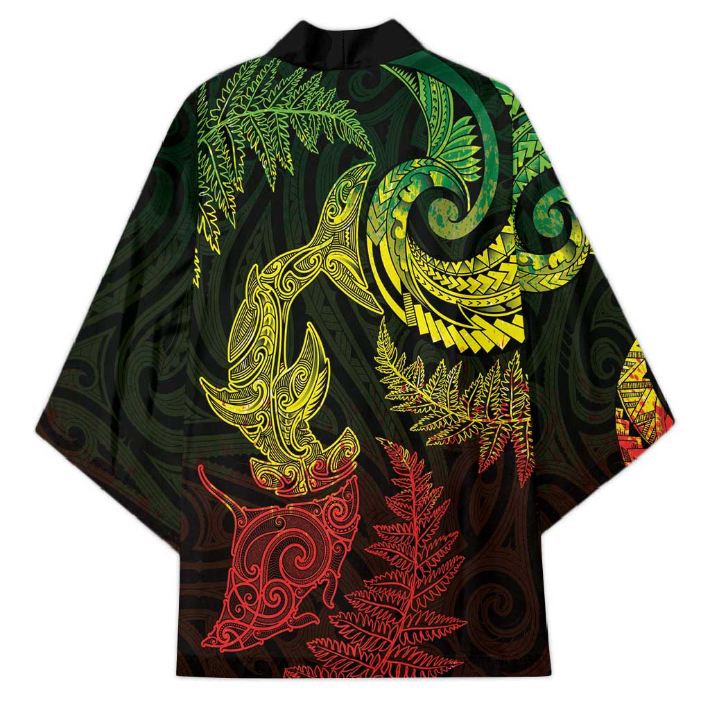 New Zealand Sea Animals with Maori Tribal Tattoo Kimono Shark Manta Ray with Silver Fern Reggae LT03 - Polynesian Pride