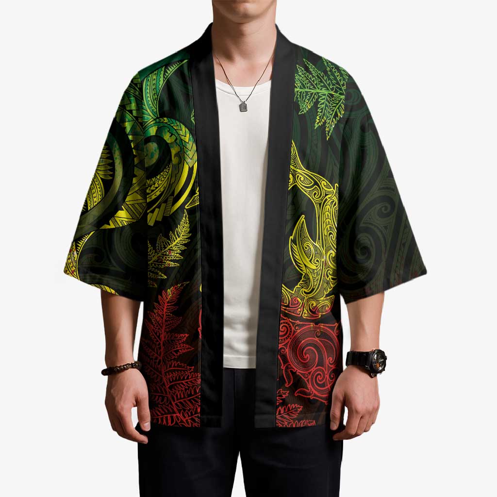 New Zealand Sea Animals with Maori Tribal Tattoo Kimono Shark Manta Ray with Silver Fern Reggae LT03 - Polynesian Pride