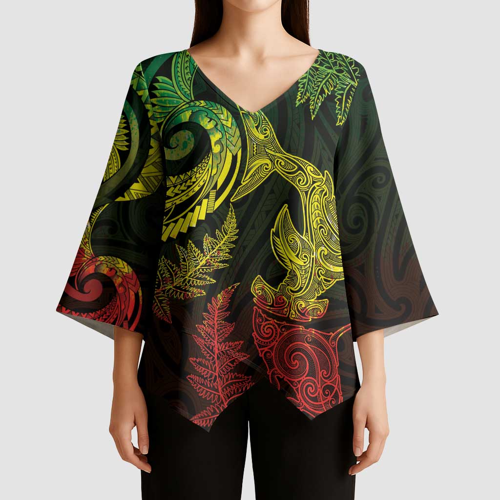 New Zealand Sea Animals with Maori Tribal Tattoo Kimono Sleeve Blouse Shark Manta Ray with Silver Fern Reggae LT03 - Polynesian Pride