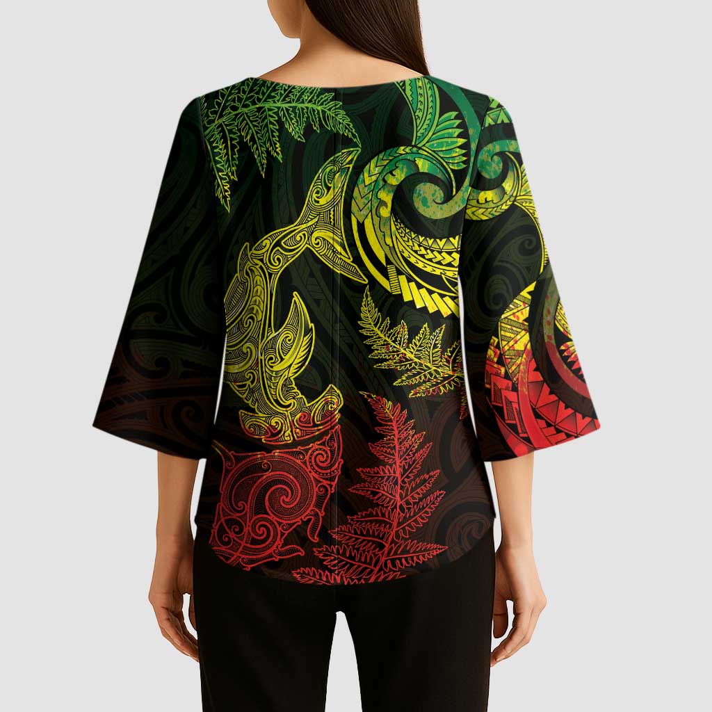 New Zealand Sea Animals with Maori Tribal Tattoo Kimono Sleeve Blouse Shark Manta Ray with Silver Fern Reggae LT03 - Polynesian Pride