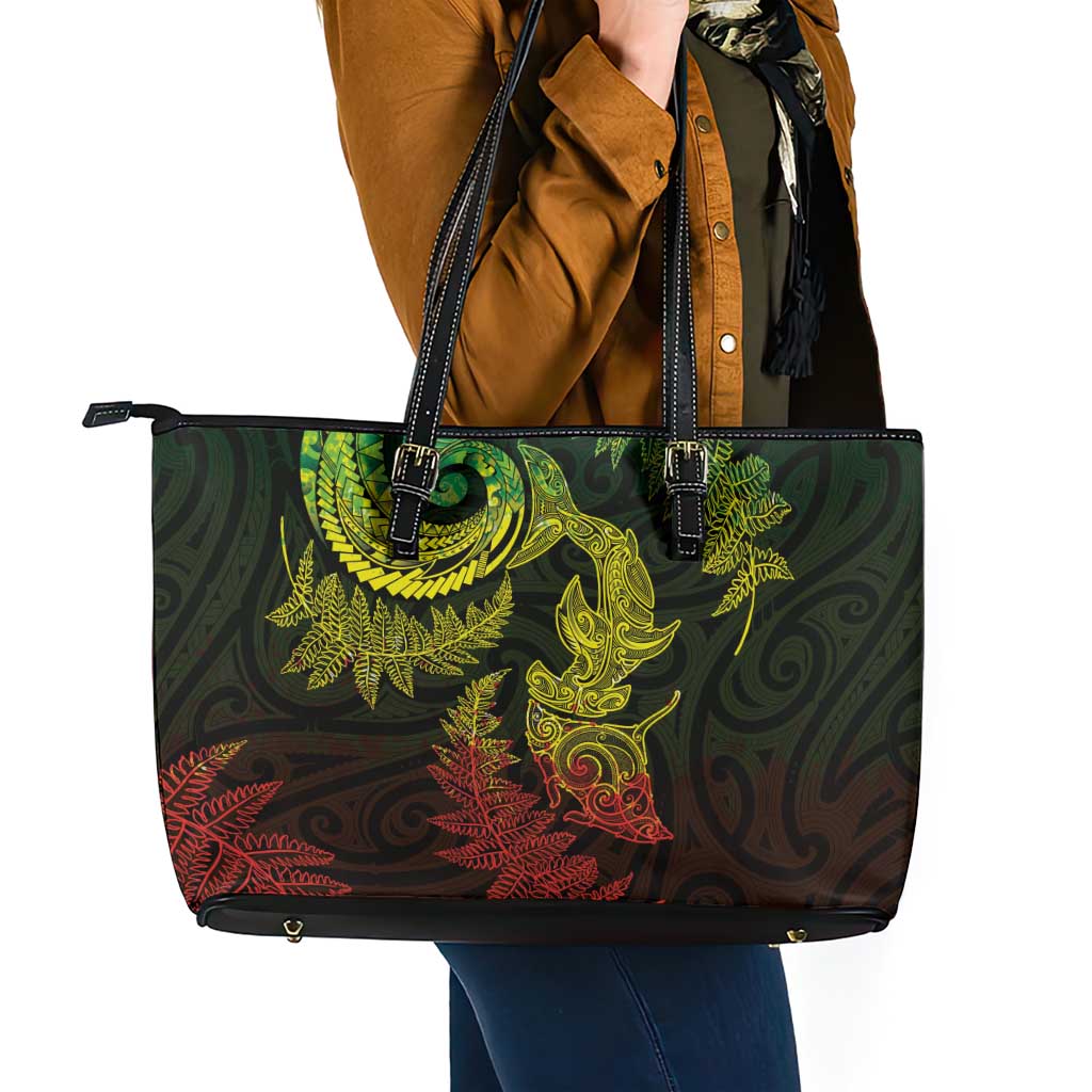 New Zealand Sea Animals with Maori Tribal Tattoo Leather Tote Bag Shark Manta Ray with Silver Fern Reggae LT03 - Polynesian Pride