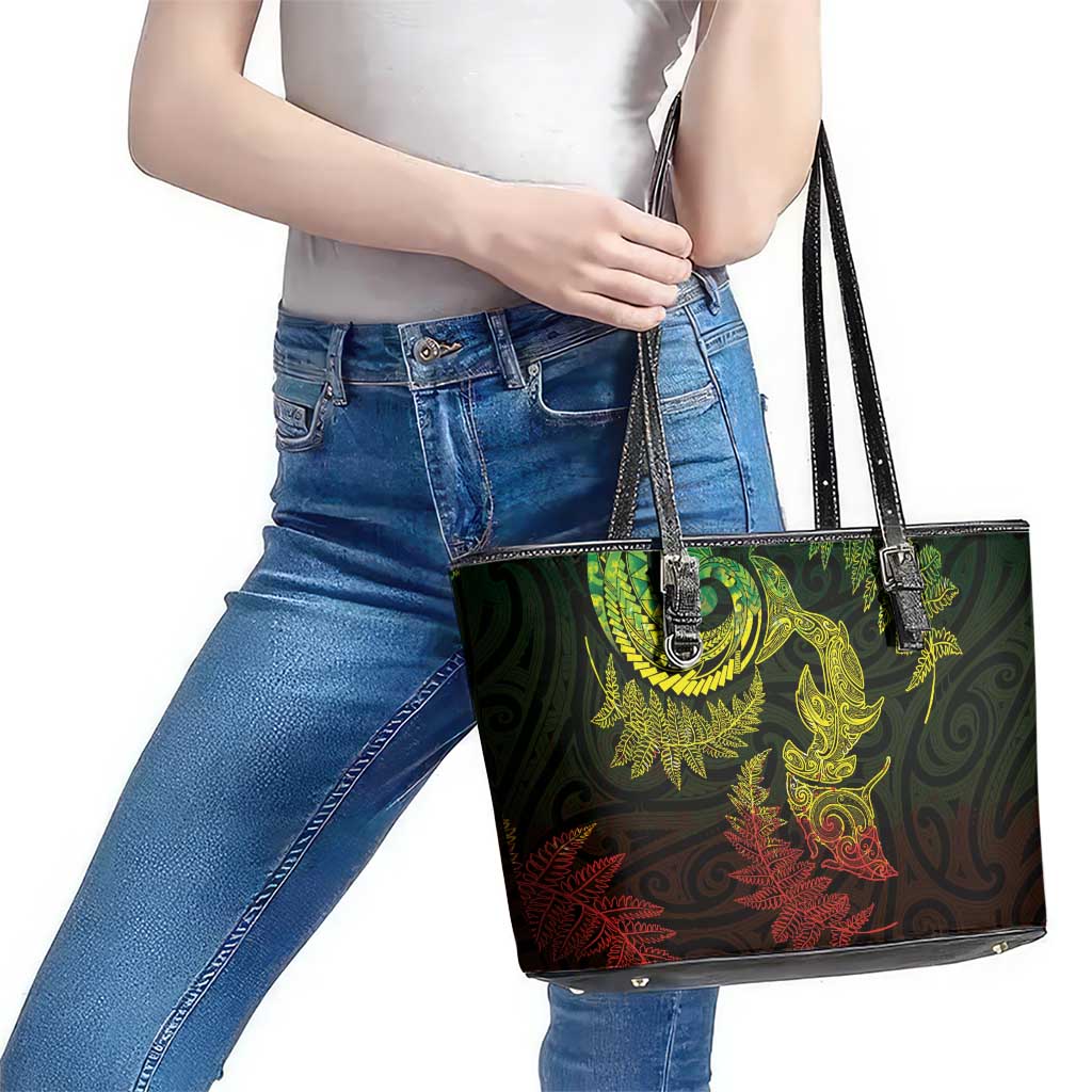 New Zealand Sea Animals with Maori Tribal Tattoo Leather Tote Bag Shark Manta Ray with Silver Fern Reggae LT03 - Polynesian Pride