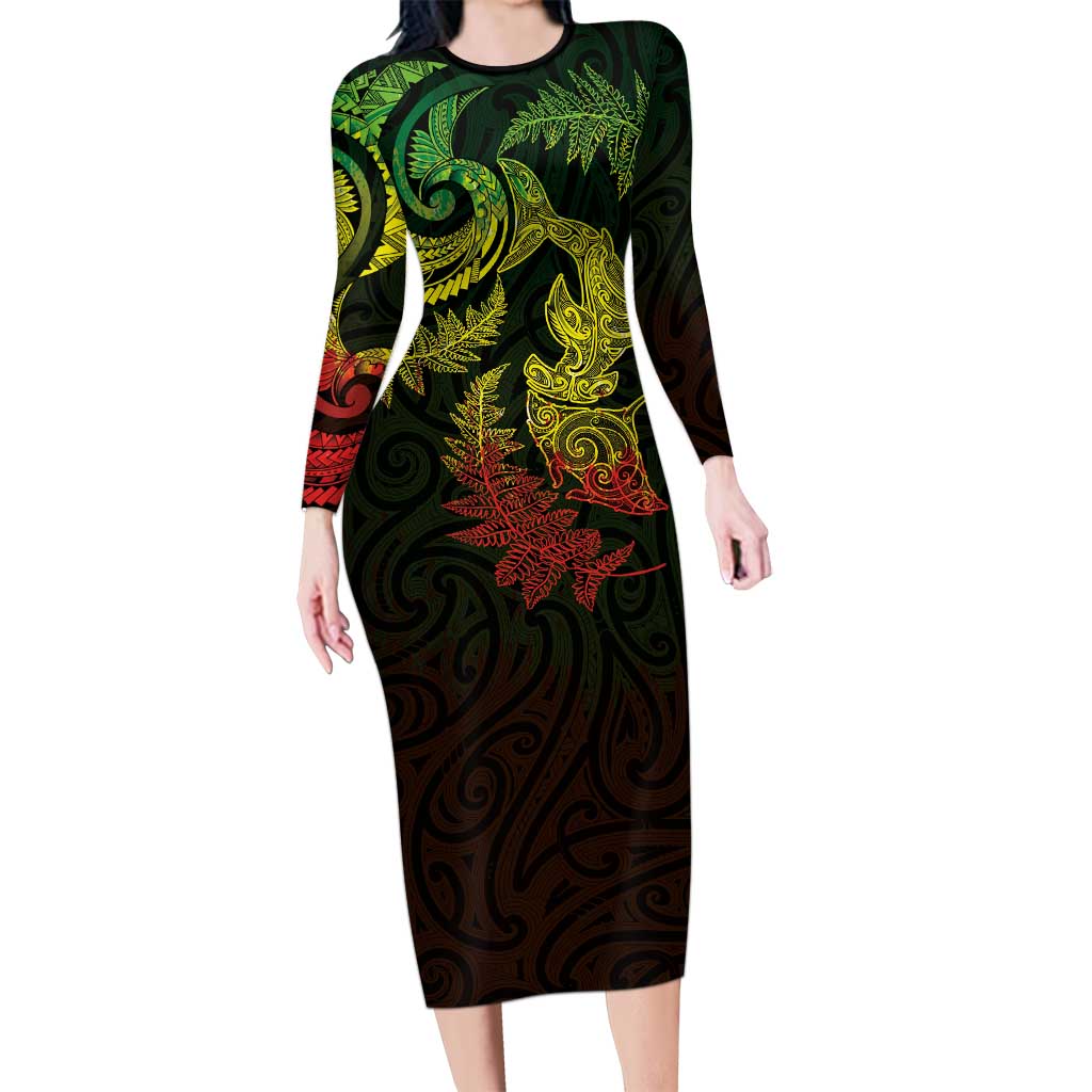New Zealand Sea Animals with Maori Tribal Tattoo Long Sleeve Bodycon Dress Shark Manta Ray with Silver Fern Reggae
