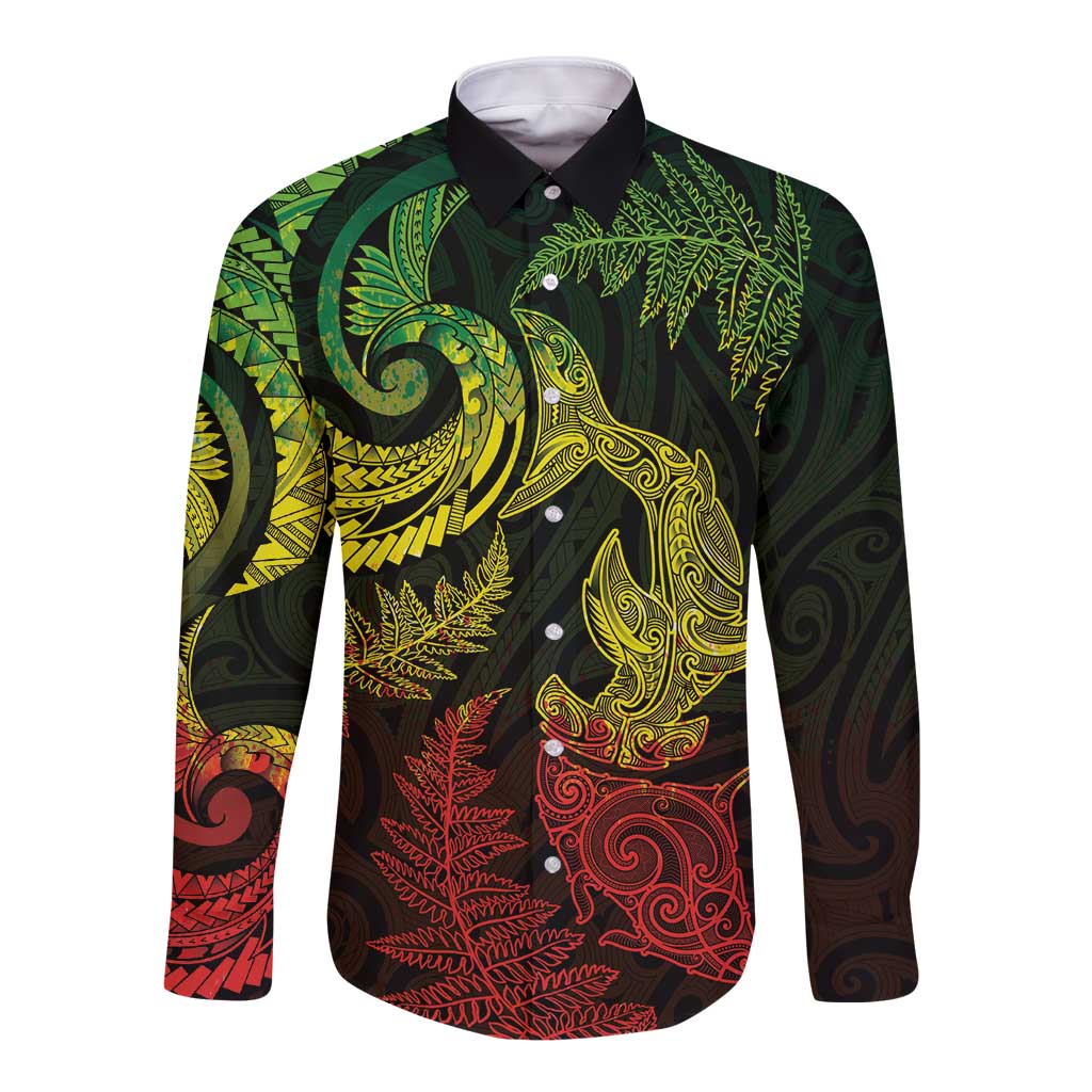 New Zealand Sea Animals with Maori Tribal Tattoo Long Sleeve Button Shirt Shark Manta Ray with Silver Fern Reggae LT03 Unisex Reggae - Polynesian Pride