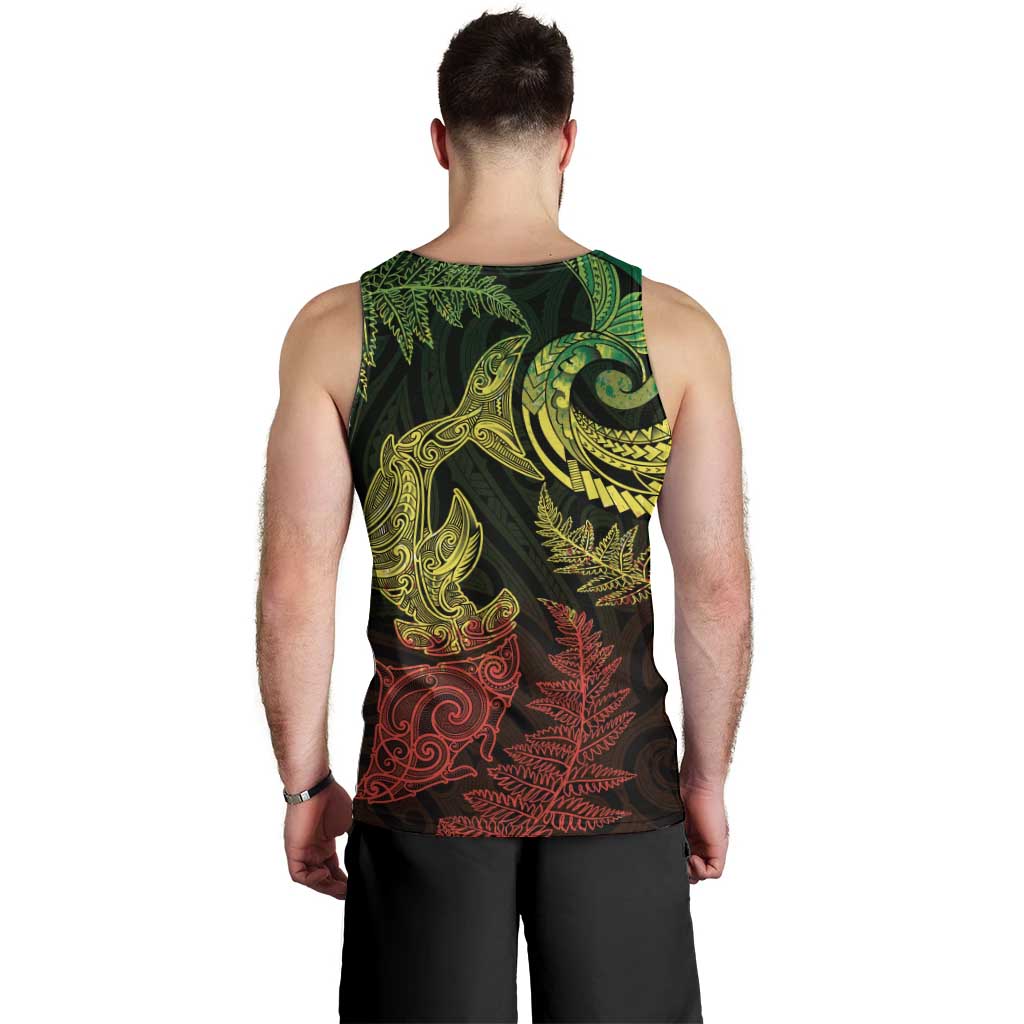 New Zealand Sea Animals with Maori Tribal Tattoo Men Tank Top Shark Manta Ray with Silver Fern Reggae LT03 - Polynesian Pride