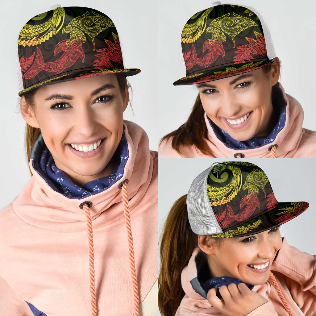 New Zealand Sea Animals with Maori Tribal Tattoo Mesh Trucker Cap Shark Manta Ray with Silver Fern Reggae