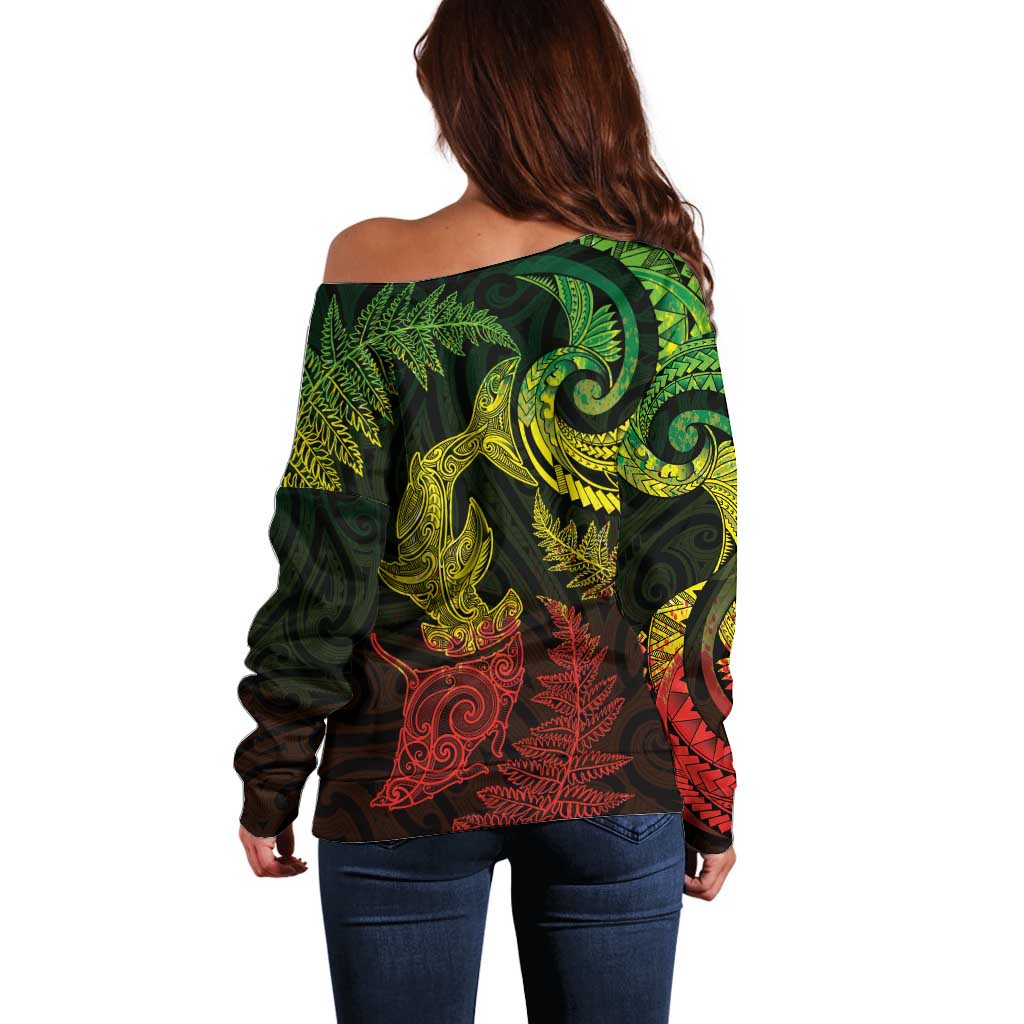 New Zealand Sea Animals with Maori Tribal Tattoo Off Shoulder Sweater Shark Manta Ray with Silver Fern Reggae LT03 - Polynesian Pride