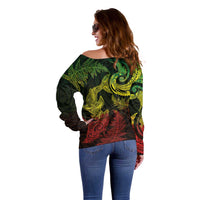 New Zealand Sea Animals with Maori Tribal Tattoo Off Shoulder Sweater Shark Manta Ray with Silver Fern Reggae LT03 - Polynesian Pride
