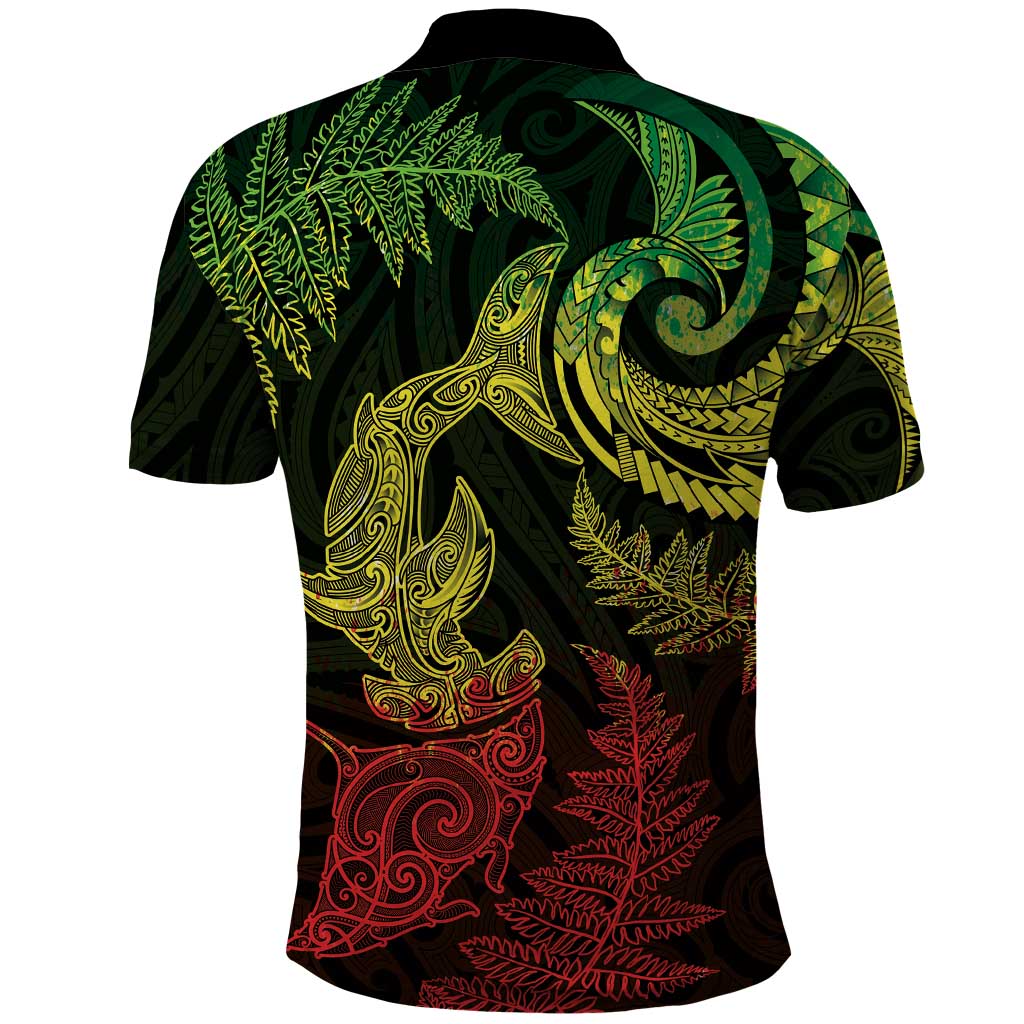 New Zealand Sea Animals with Maori Tribal Tattoo Polo Shirt Shark Manta Ray with Silver Fern Reggae