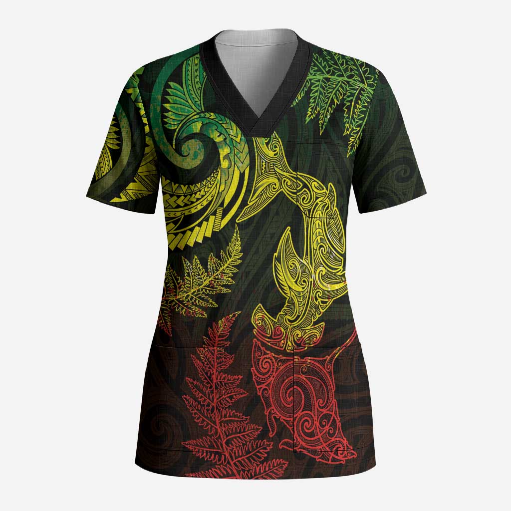 New Zealand Sea Animals with Maori Tribal Tattoo Scrub Top Shark Manta Ray with Silver Fern Reggae