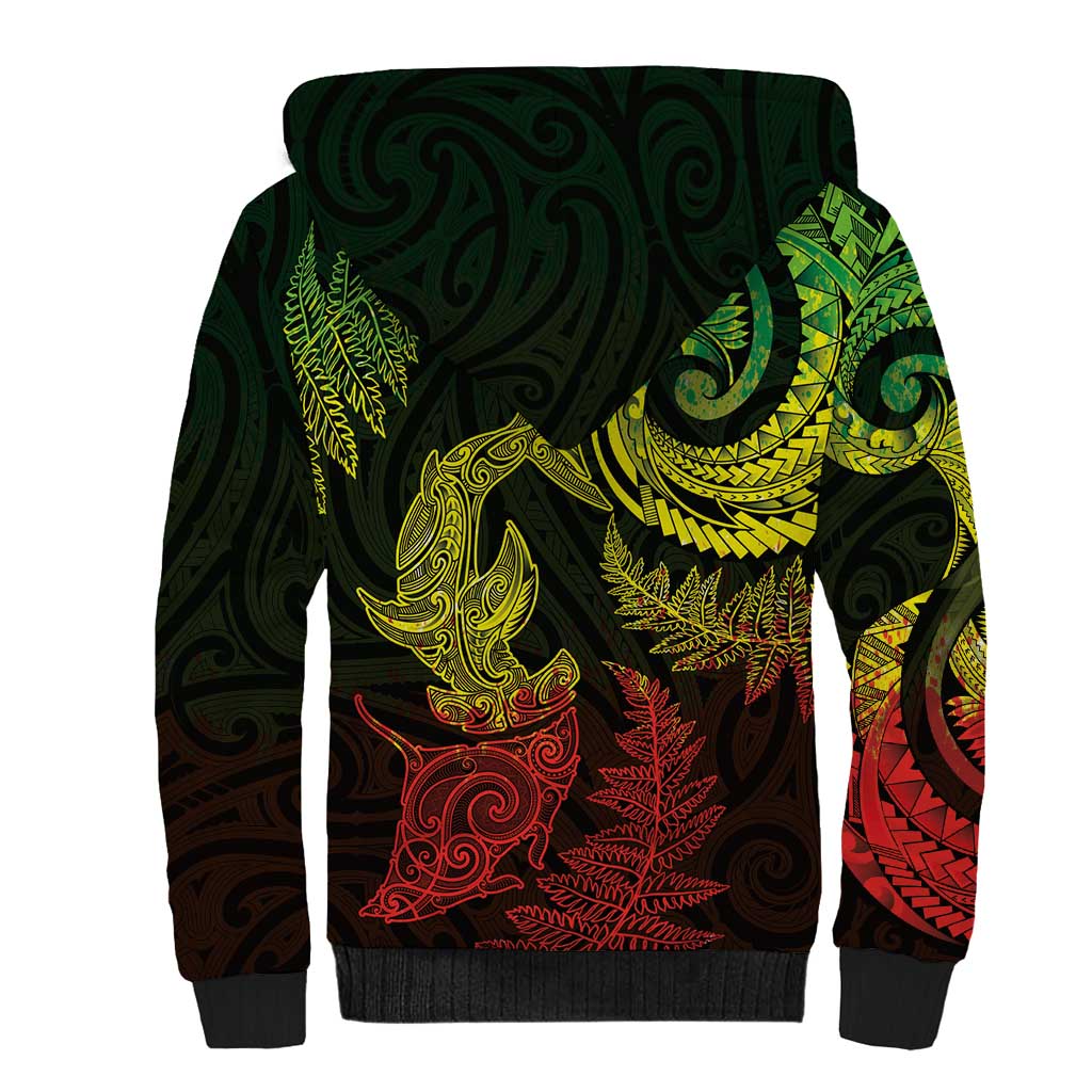 New Zealand Sea Animals with Maori Tribal Tattoo Sherpa Hoodie Shark Manta Ray with Silver Fern Reggae LT03 - Polynesian Pride