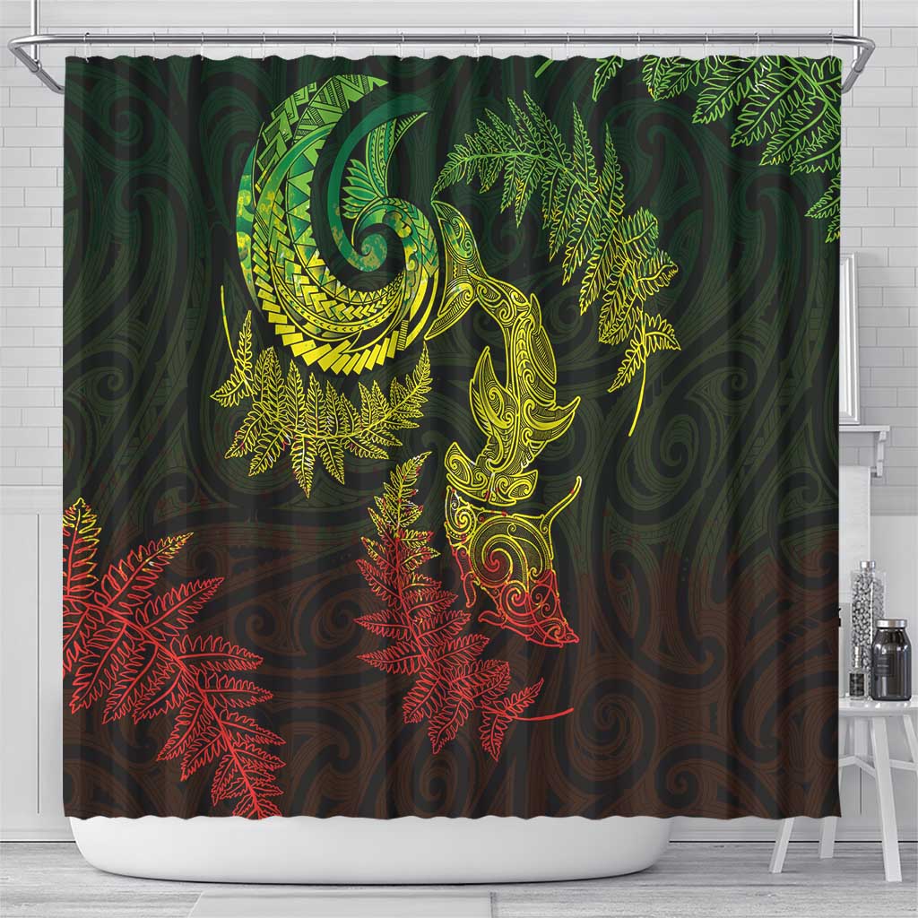 New Zealand Sea Animals with Maori Tribal Tattoo Shower Curtain Shark Manta Ray with Silver Fern Reggae LT03 - Polynesian Pride