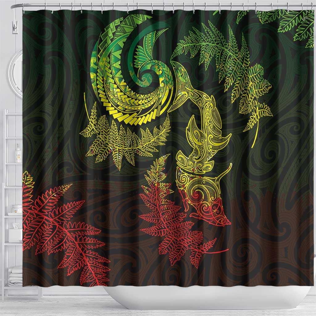 New Zealand Sea Animals with Maori Tribal Tattoo Shower Curtain Shark Manta Ray with Silver Fern Reggae LT03 - Polynesian Pride