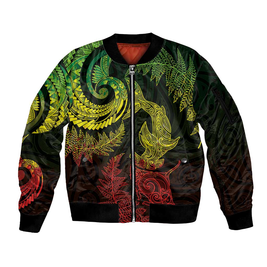 New Zealand Sea Animals with Maori Tribal Tattoo Sleeve Zip Bomber Jacket Shark Manta Ray with Silver Fern Reggae