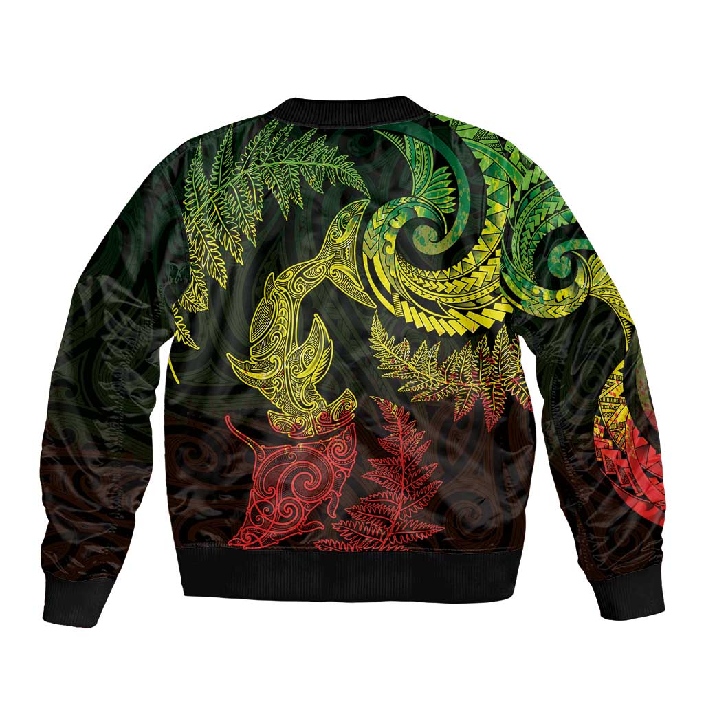 New Zealand Sea Animals with Maori Tribal Tattoo Sleeve Zip Bomber Jacket Shark Manta Ray with Silver Fern Reggae LT03 - Polynesian Pride