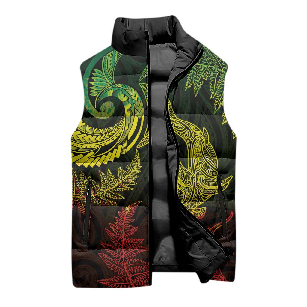 New Zealand Sea Animals with Maori Tribal Tattoo Sleeveless Puffer Jacket Shark Manta Ray with Silver Fern Reggae LT03 - Polynesian Pride