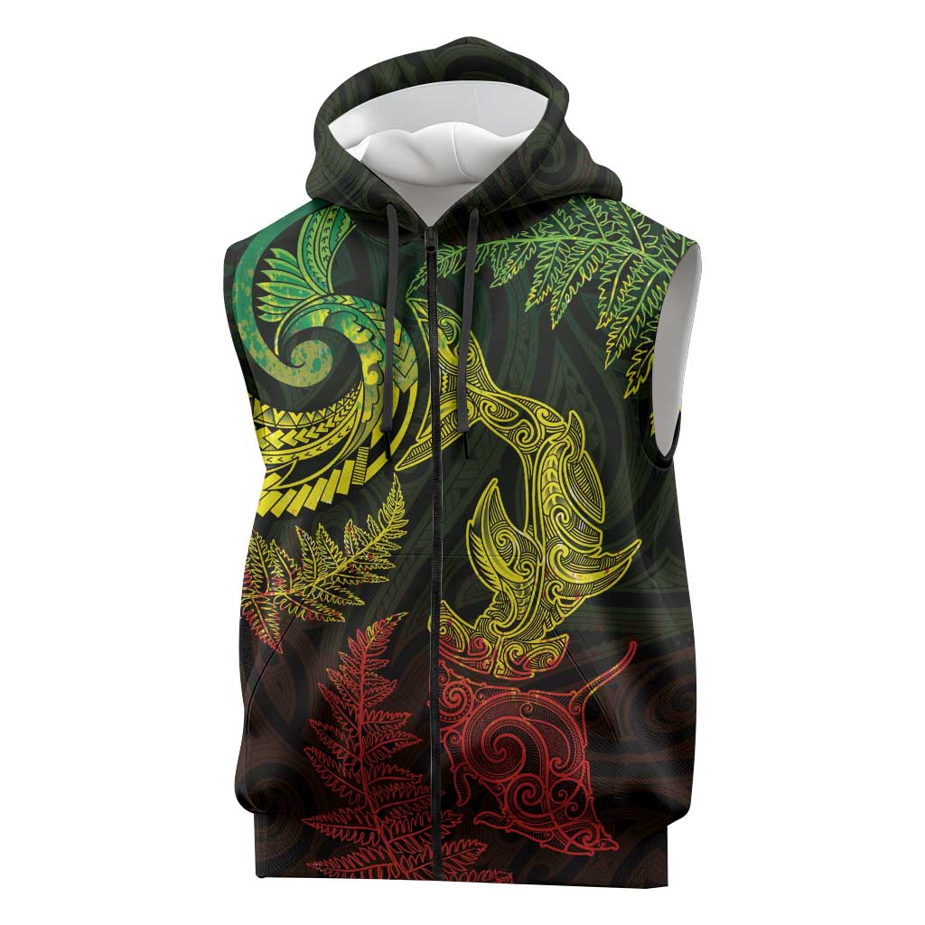 New Zealand Sea Animals with Maori Tribal Tattoo Sleeveless Zip Hoodie Shark Manta Ray with Silver Fern Reggae LT03 Reggae - Polynesian Pride