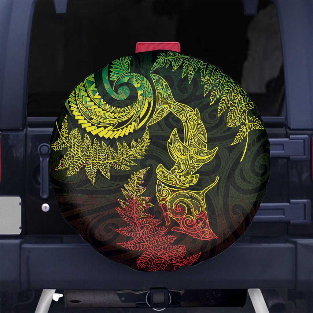 New Zealand Sea Animals with Maori Tribal Tattoo Spare Tire Cover Shark Manta Ray with Silver Fern Reggae LT03 No hole Reggae - Polynesian Pride