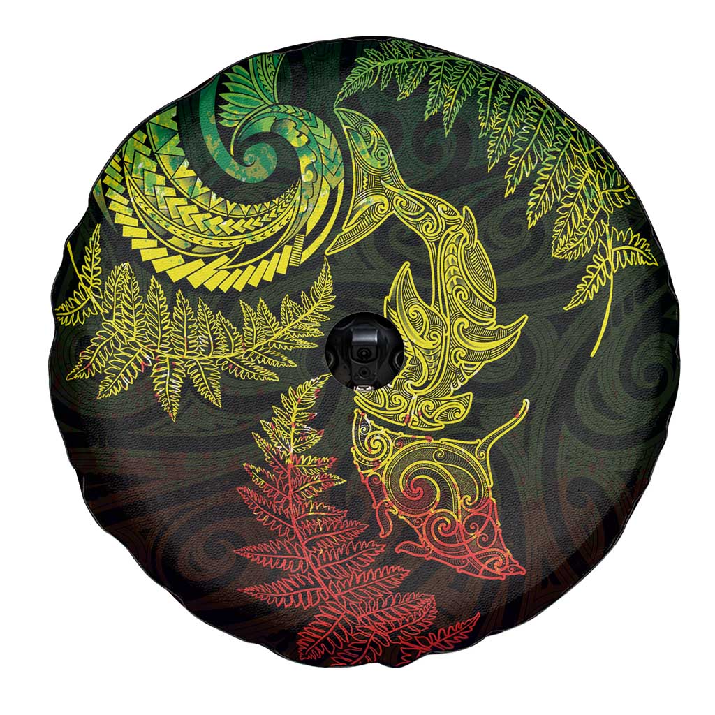 New Zealand Sea Animals with Maori Tribal Tattoo Spare Tire Cover Shark Manta Ray with Silver Fern Reggae LT03 - Polynesian Pride
