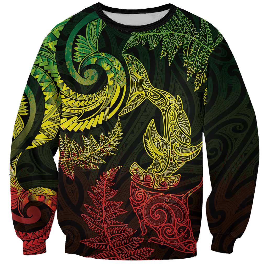 New Zealand Sea Animals with Maori Tribal Tattoo Sweatshirt Shark Manta Ray with Silver Fern Reggae