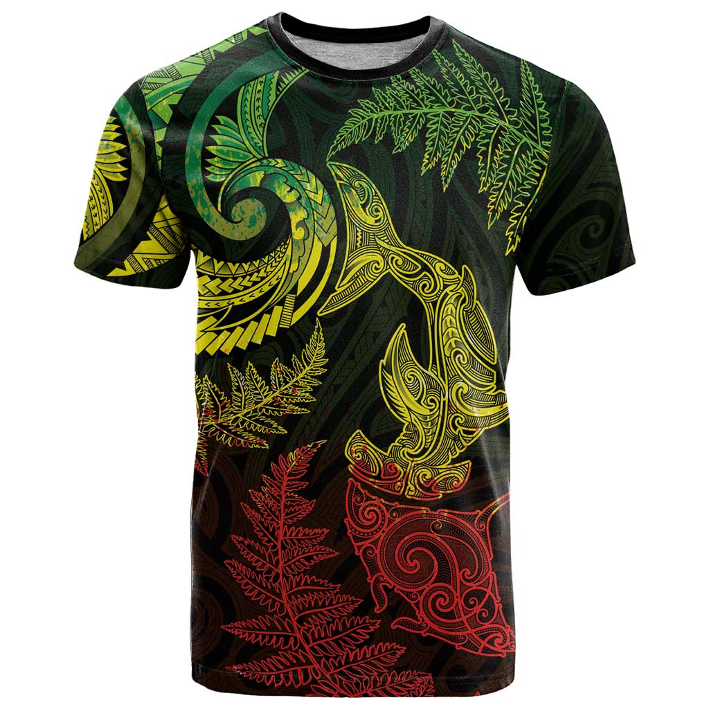 New Zealand Sea Animals with Maori Tribal Tattoo T Shirt Shark Manta Ray with Silver Fern Reggae LT03 Reggae - Polynesian Pride