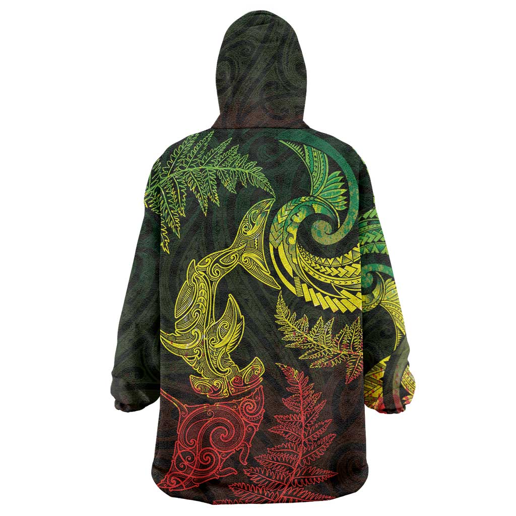 New Zealand Sea Animals with Maori Tribal Tattoo Wearable Blanket Hoodie Shark Manta Ray with Silver Fern Reggae LT03 - Polynesian Pride
