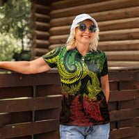 New Zealand Sea Animals with Maori Tribal Tattoo Women Polo Shirt Shark Manta Ray with Silver Fern Reggae LT03 - Polynesian Pride