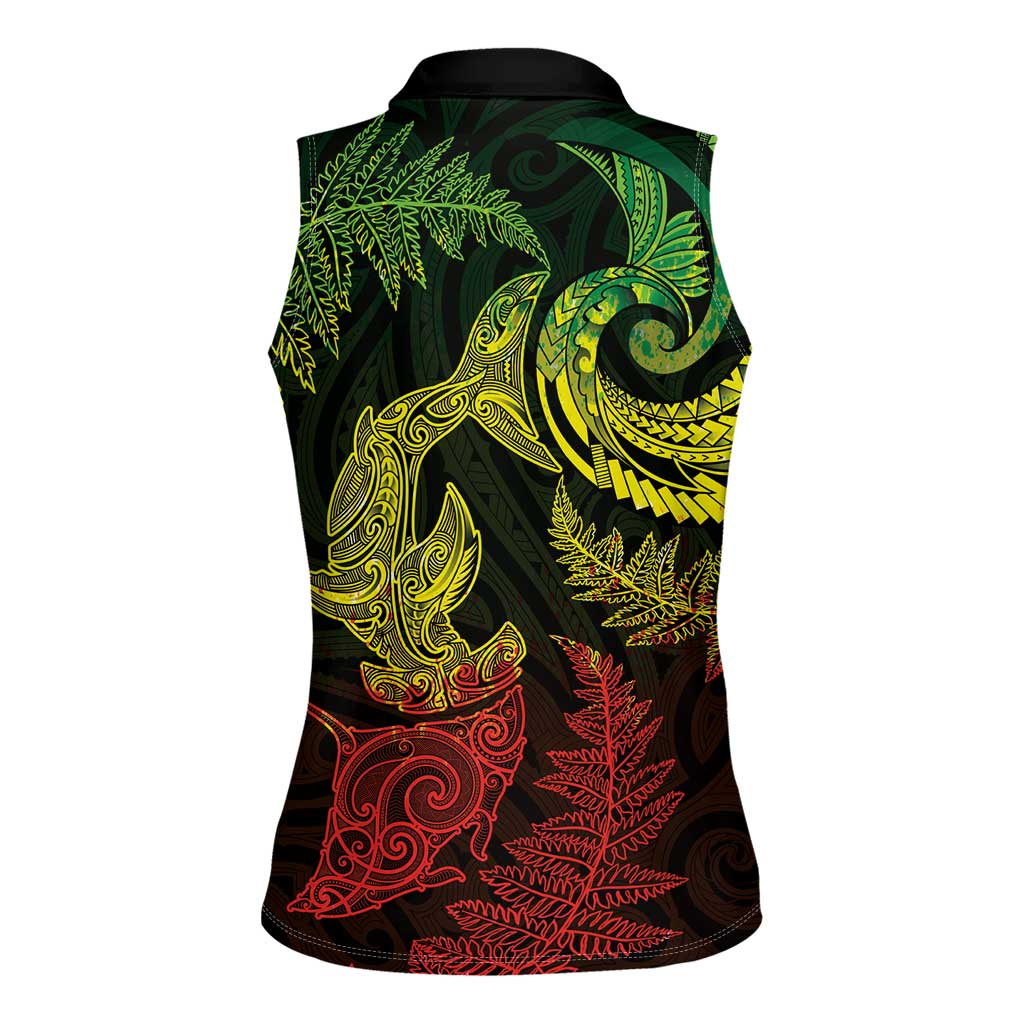 New Zealand Sea Animals with Maori Tribal Tattoo Women Sleeveless Polo Shirt Shark Manta Ray with Silver Fern Reggae LT03 - Polynesian Pride