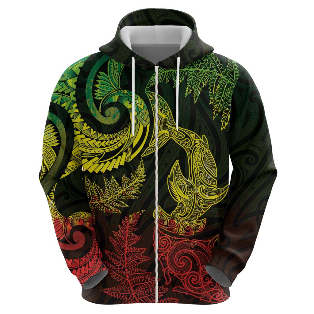 New Zealand Sea Animals with Maori Tribal Tattoo Zip Hoodie Shark Manta Ray with Silver Fern Reggae LT03 - Polynesian Pride