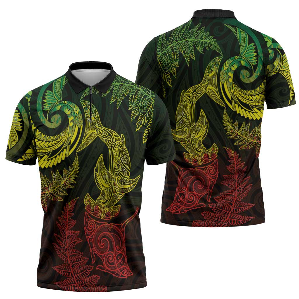 New Zealand Sea Animals with Maori Tribal Tattoo Zipper Polo Shirt Shark Manta Ray with Silver Fern Reggae LT03 - Polynesian Pride