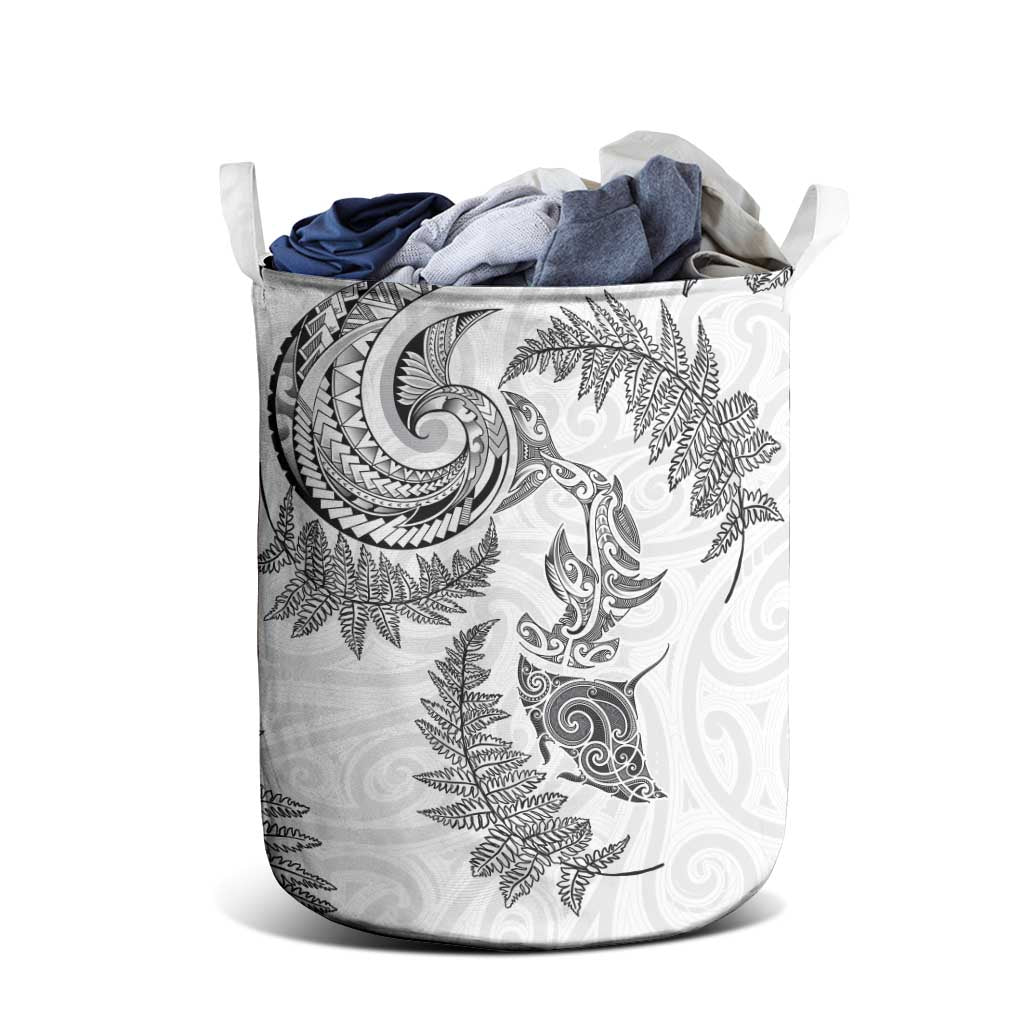 New Zealand Sea Animals with Maori Tribal Tattoo Laundry Basket Shark Manta Ray with Silver Fern White