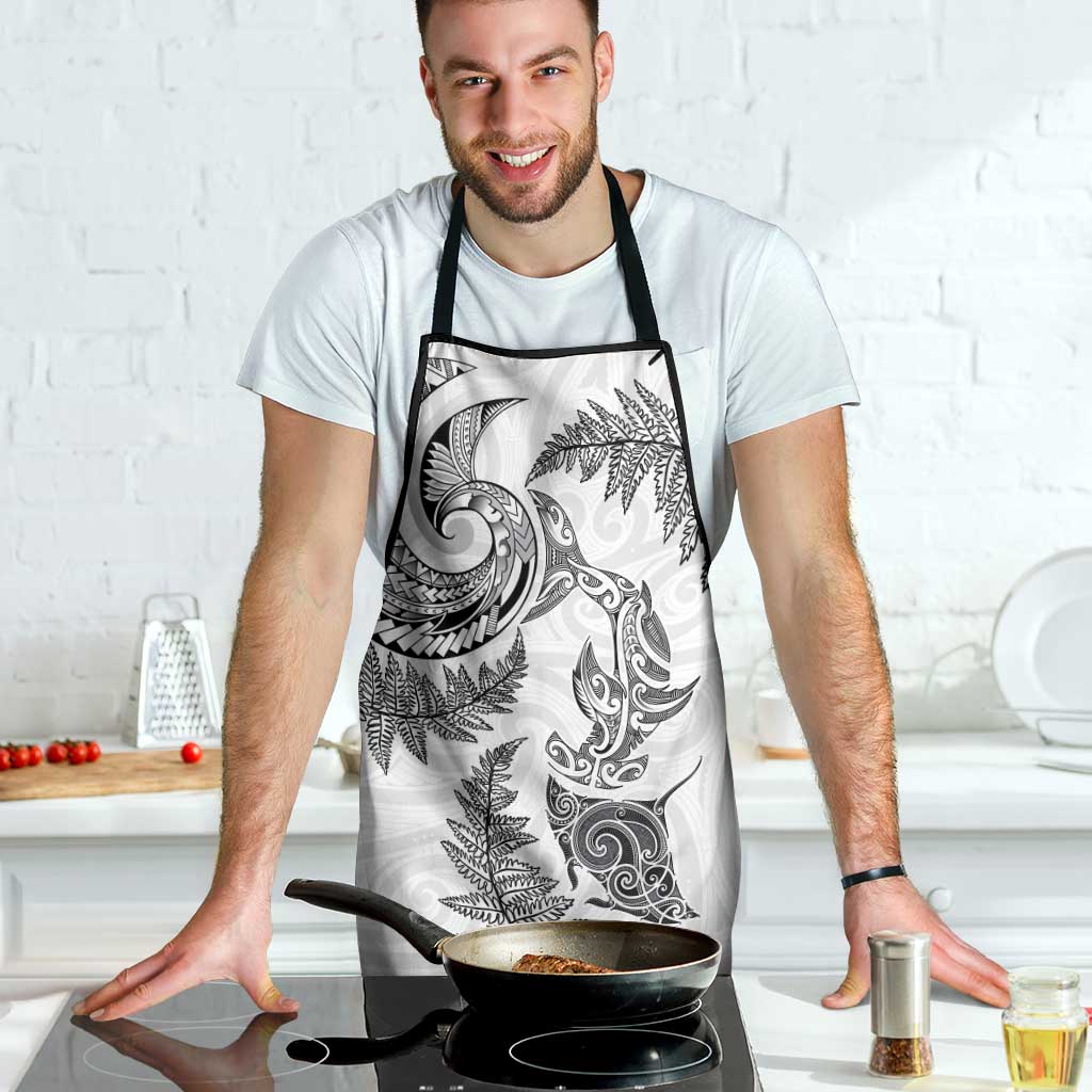 New Zealand Sea Animals with Maori Tribal Tattoo Apron Shark Manta Ray with Silver Fern White LT03 - Polynesian Pride