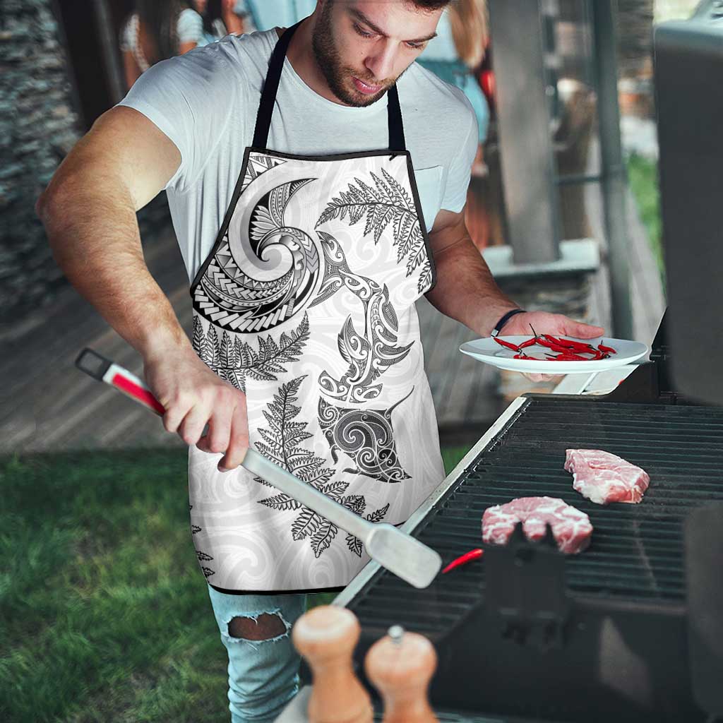 New Zealand Sea Animals with Maori Tribal Tattoo Apron Shark Manta Ray with Silver Fern White LT03 - Polynesian Pride