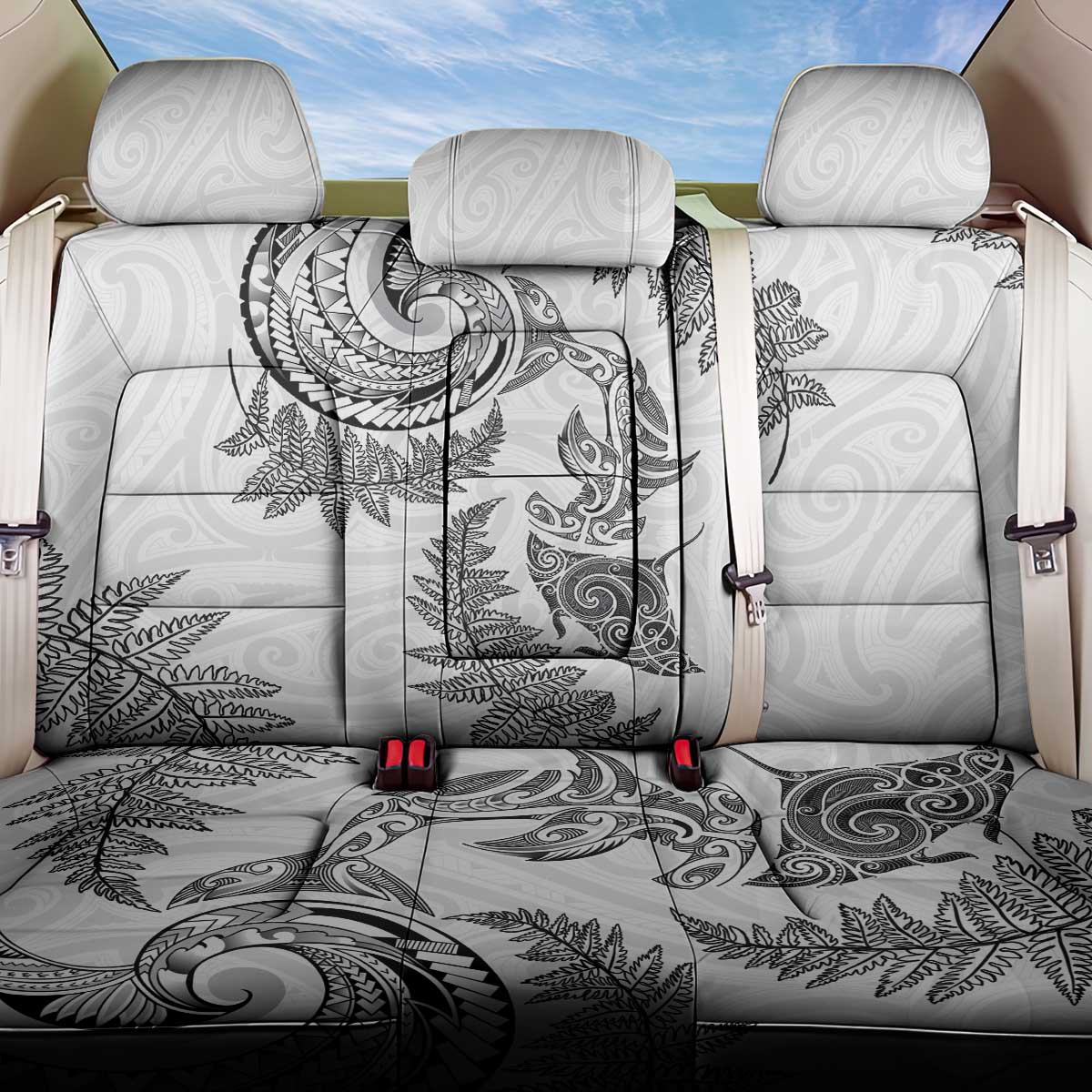 New Zealand Sea Animals with Maori Tribal Tattoo Back Car Seat Cover Shark Manta Ray with Silver Fern White LT03 One Size White - Polynesian Pride
