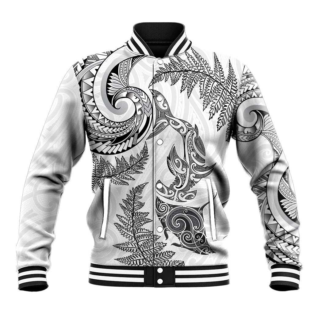 New Zealand Sea Animals with Maori Tribal Tattoo Baseball Jacket Shark Manta Ray with Silver Fern White LT03 Unisex White - Polynesian Pride