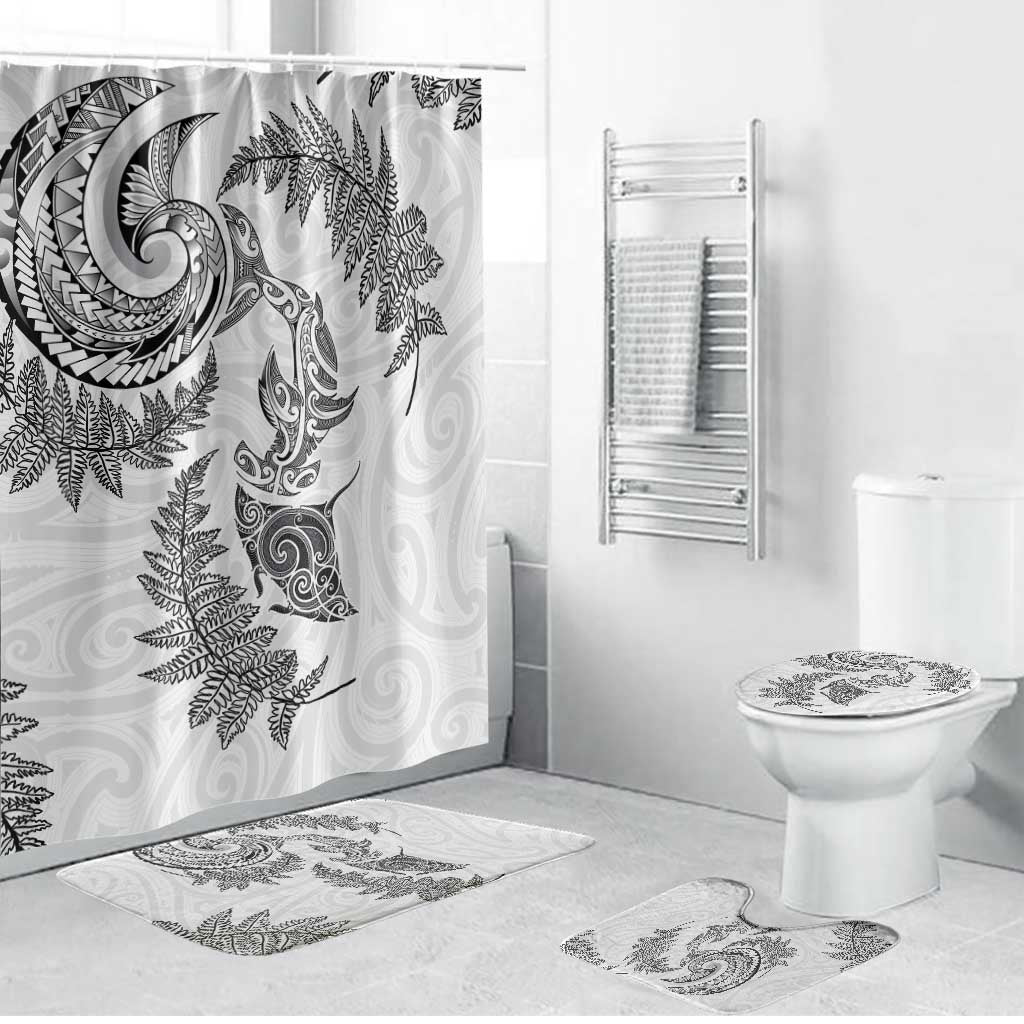 New Zealand Sea Animals with Maori Tribal Tattoo Bathroom Set Shark Manta Ray with Silver Fern White LT03 Bathroom Set (4 pcs) White - Polynesian Pride