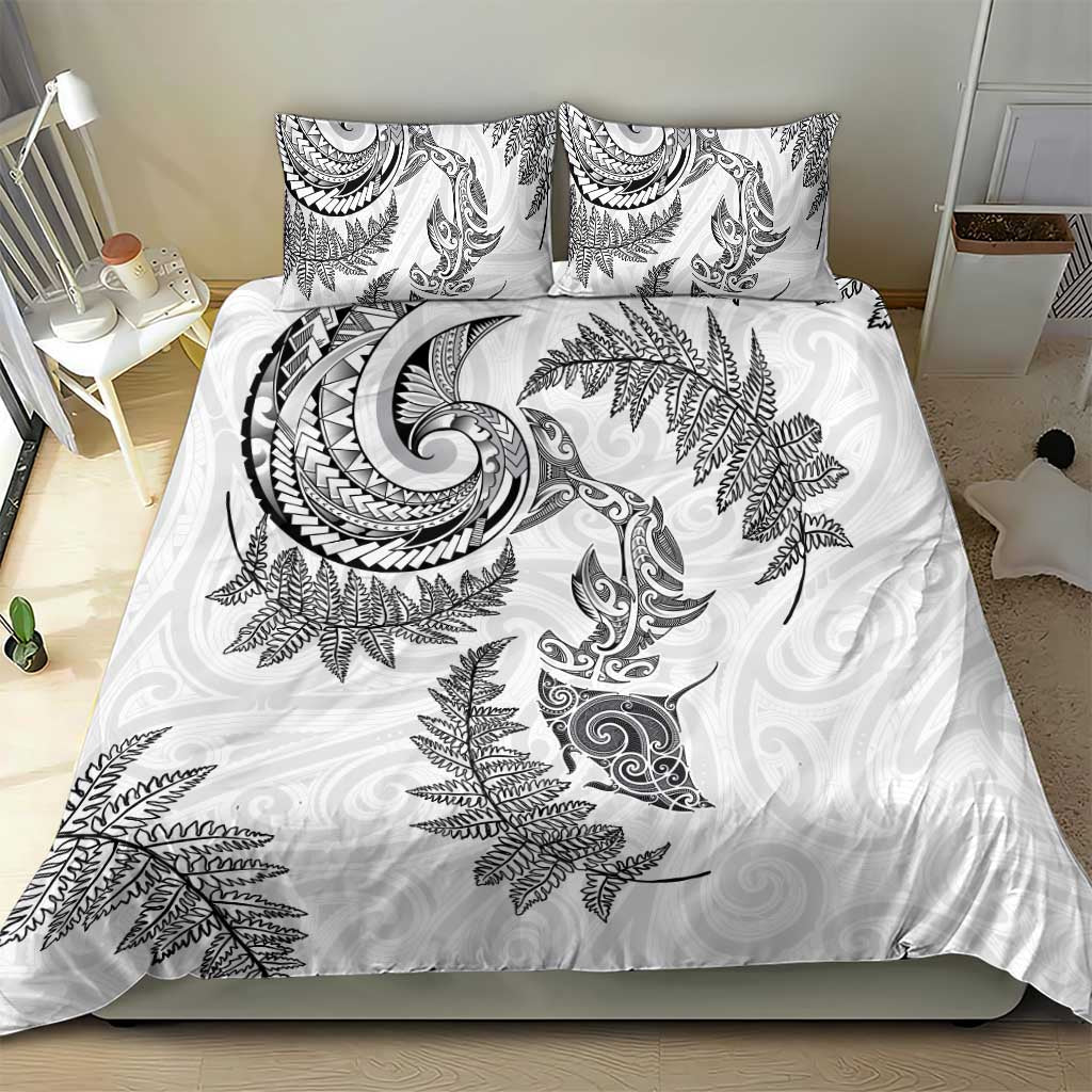 New Zealand Sea Animals with Maori Tribal Tattoo Bedding Set Shark Manta Ray with Silver Fern White LT03 - Polynesian Pride