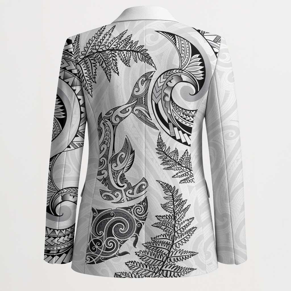 New Zealand Sea Animals with Maori Tribal Tattoo Blazer Shark Manta Ray with Silver Fern White LT03 - Polynesian Pride