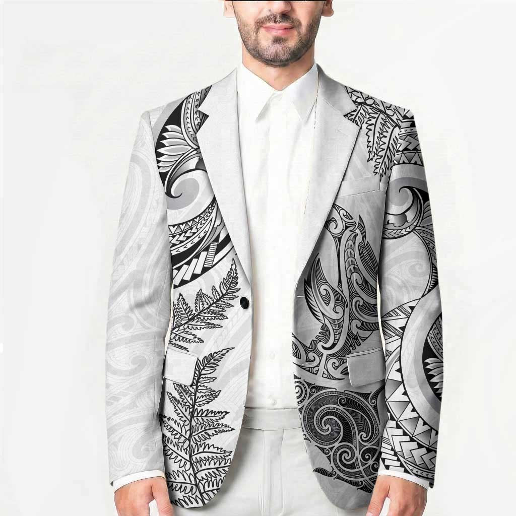 New Zealand Sea Animals with Maori Tribal Tattoo Blazer Shark Manta Ray with Silver Fern White LT03 - Polynesian Pride