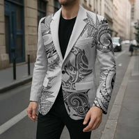 New Zealand Sea Animals with Maori Tribal Tattoo Blazer Shark Manta Ray with Silver Fern White LT03 - Polynesian Pride