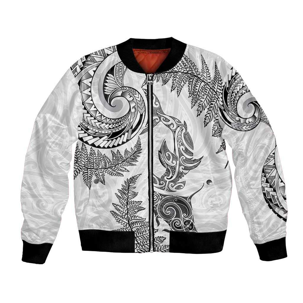 New Zealand Sea Animals with Maori Tribal Tattoo Bomber Jacket Shark Manta Ray with Silver Fern White LT03 Unisex White - Polynesian Pride