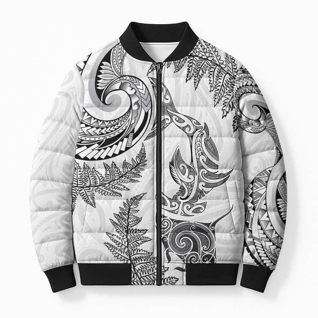 New Zealand Sea Animals with Maori Tribal Tattoo Bomber Puffer Jacket Shark Manta Ray with Silver Fern White