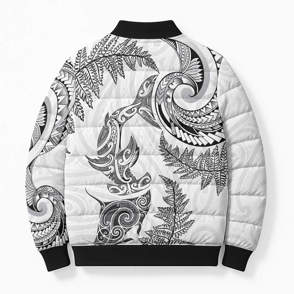 New Zealand Sea Animals with Maori Tribal Tattoo Bomber Puffer Jacket Shark Manta Ray with Silver Fern White LT03 - Polynesian Pride