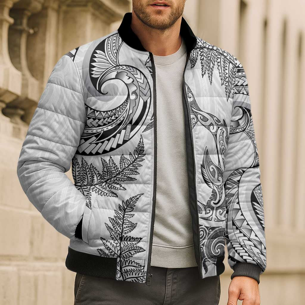 New Zealand Sea Animals with Maori Tribal Tattoo Bomber Puffer Jacket Shark Manta Ray with Silver Fern White LT03 - Polynesian Pride