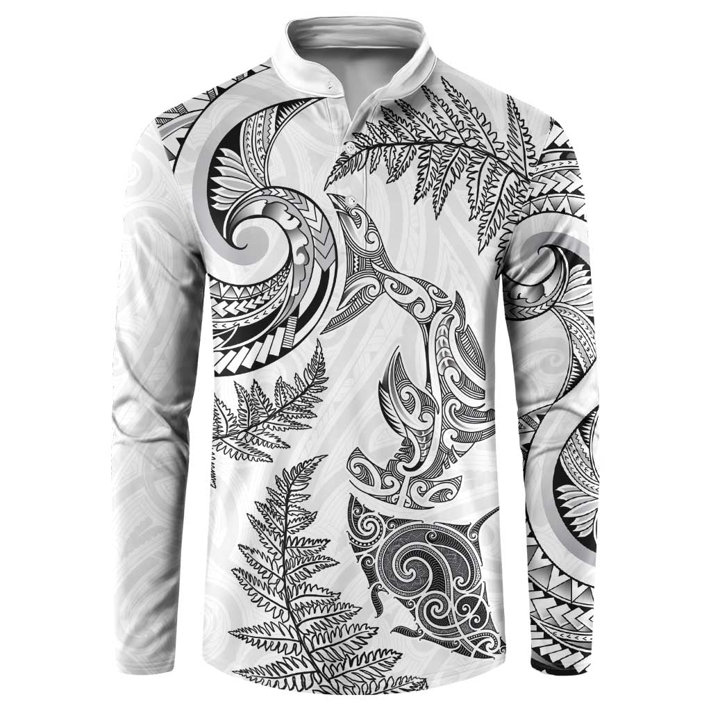New Zealand Sea Animals with Maori Tribal Tattoo Button Sweatshirt Shark Manta Ray with Silver Fern White LT03 White - Polynesian Pride