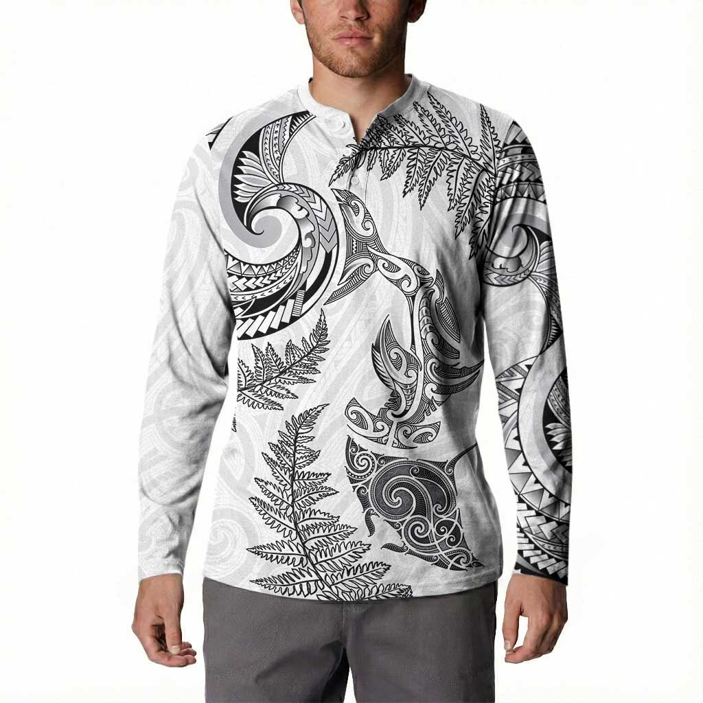 New Zealand Sea Animals with Maori Tribal Tattoo Button Sweatshirt Shark Manta Ray with Silver Fern White LT03 - Polynesian Pride