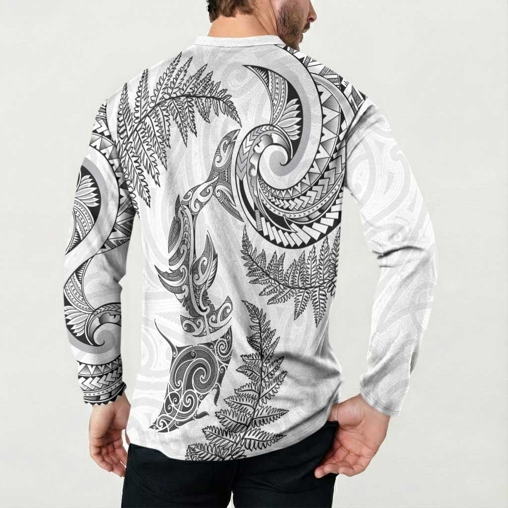 New Zealand Sea Animals with Maori Tribal Tattoo Button Sweatshirt Shark Manta Ray with Silver Fern White LT03 - Polynesian Pride